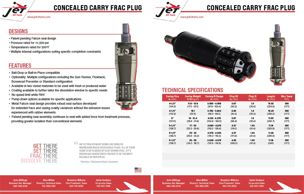 JetOilTools Concealed Carry Frac Plug Tech Specs
