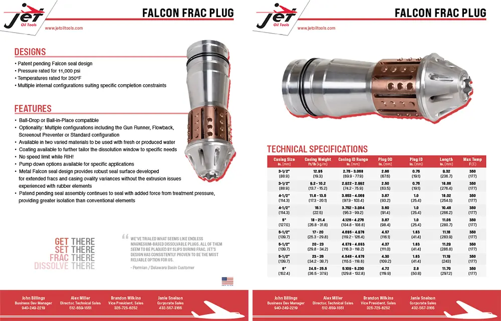 JetOilTools Falcon Frac Plug Tech Specs